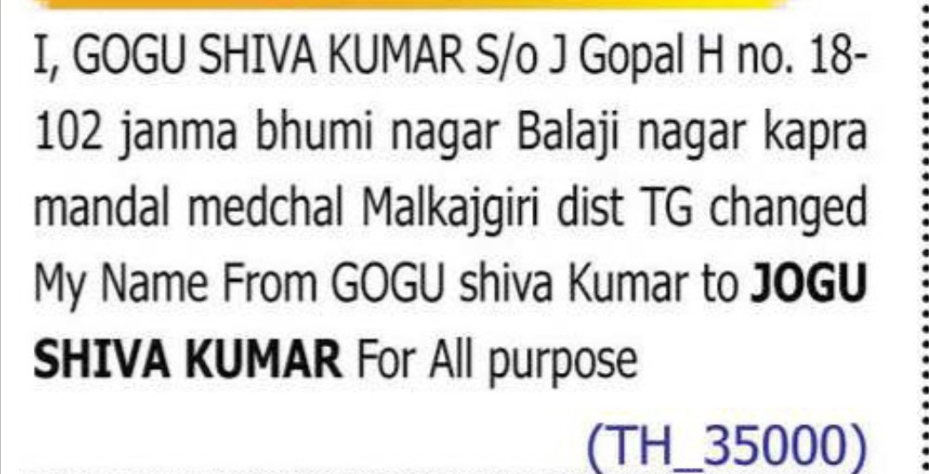 CHANGE OF NAME — GOGU SHIVA KUMAR TO JOGU SHIVA KUMAR