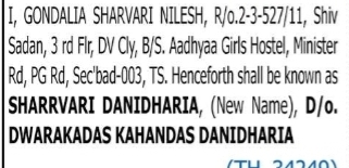 Change of Name: Gondalia Sharvari Nilesh to Sharvari Danidharia