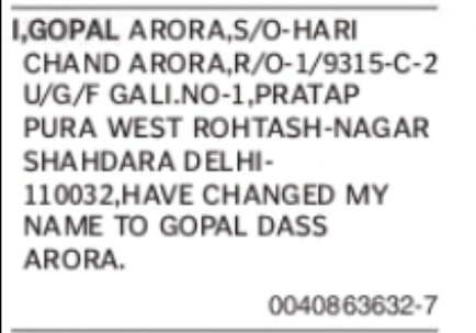 CHANGE OF NAME – GOPAL ARORA TO GOPAL DASS ARORA