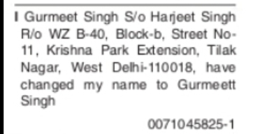 CHANGE OF NAME – GURMEET SINGH TO GURMEETT SINGH