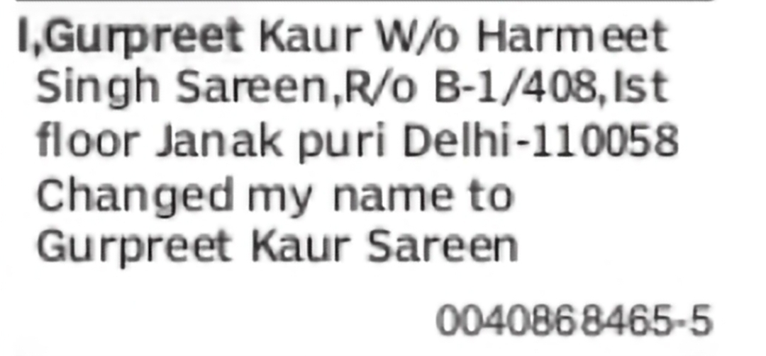 Change of Name – Gurpreet Kaur to Gurpreet Kaur Sareen