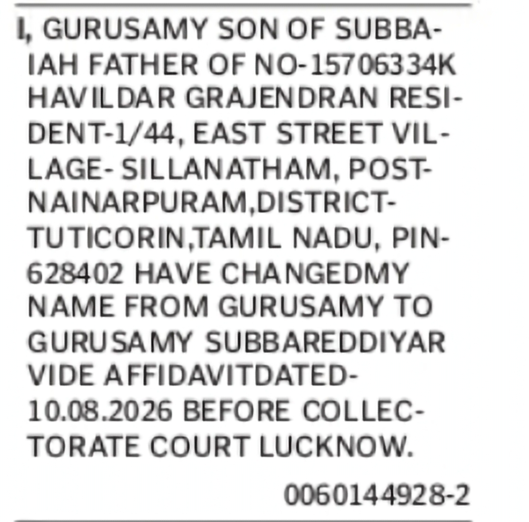 Change of Name – Gurusamy to Gurusamy Subbareddiyar