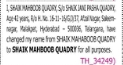 Change of Name: Hakim Mahboob Quadry to Shaik Mahboob Quadry