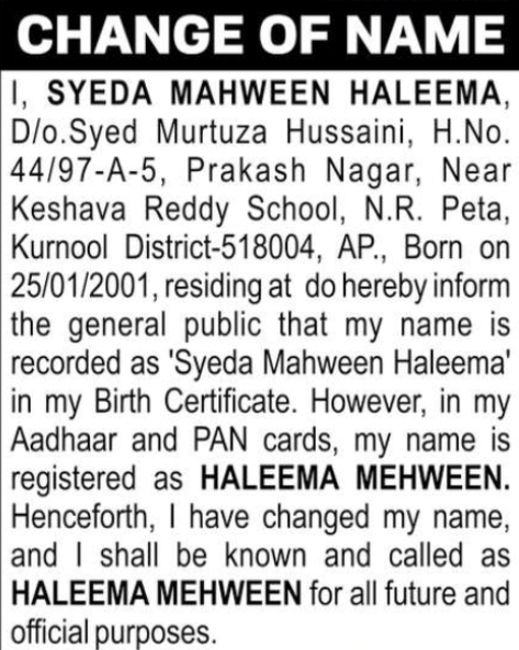 Change of Name – Haleema Mehween
