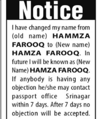 Change of Name — Hammza Farooq to Hamza Farooq