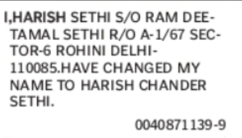 Change of Name: Harish Sethi to Harish Chander Sethi