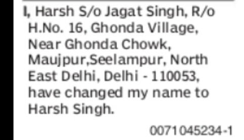 CHANGE OF NAME HARSH TO HARSH SINGH