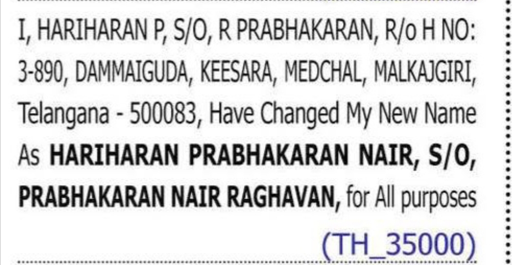 CHANGE OF NAME — HARTHARAN P TO HARTHARAN PRABHAKARAN NAIR