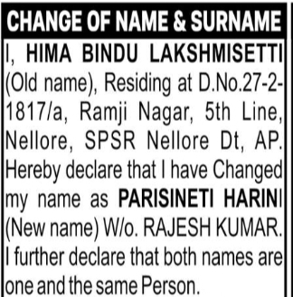 Change of Name – HIMA BINDU LAKSHMISETTI to PARISINETI HARINI