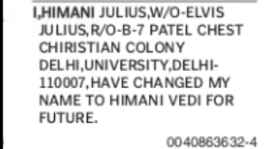 CHANGE OF NAME: HIMANI JULIUS TO HIMANI VEDI