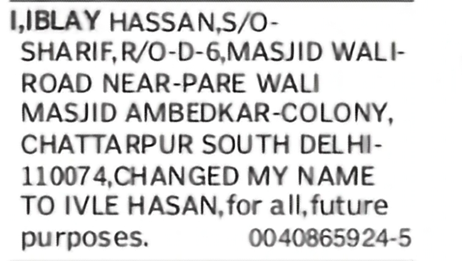 Change of Name: Iblay Hassan to Ivle Hasan