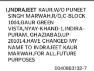 Change of Name Indrajeet Kaur to Indrajeet Kaur Marwah