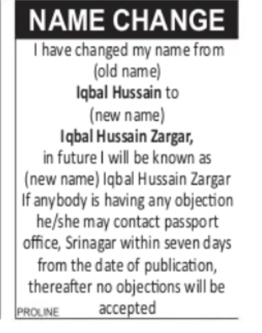 Change of Name – Iqbal Hussain to Iqbal Hussain Zargar