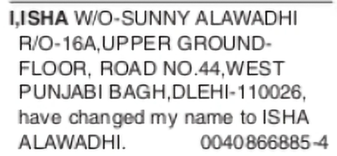 Change of Name – ISHA to ISHA ALAWADHI