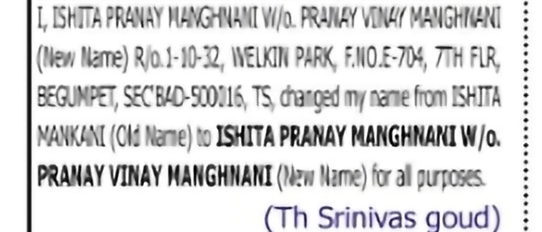 Change of Name: ISHITA MANKANI to ISHITA PRANAY MANGHNANI