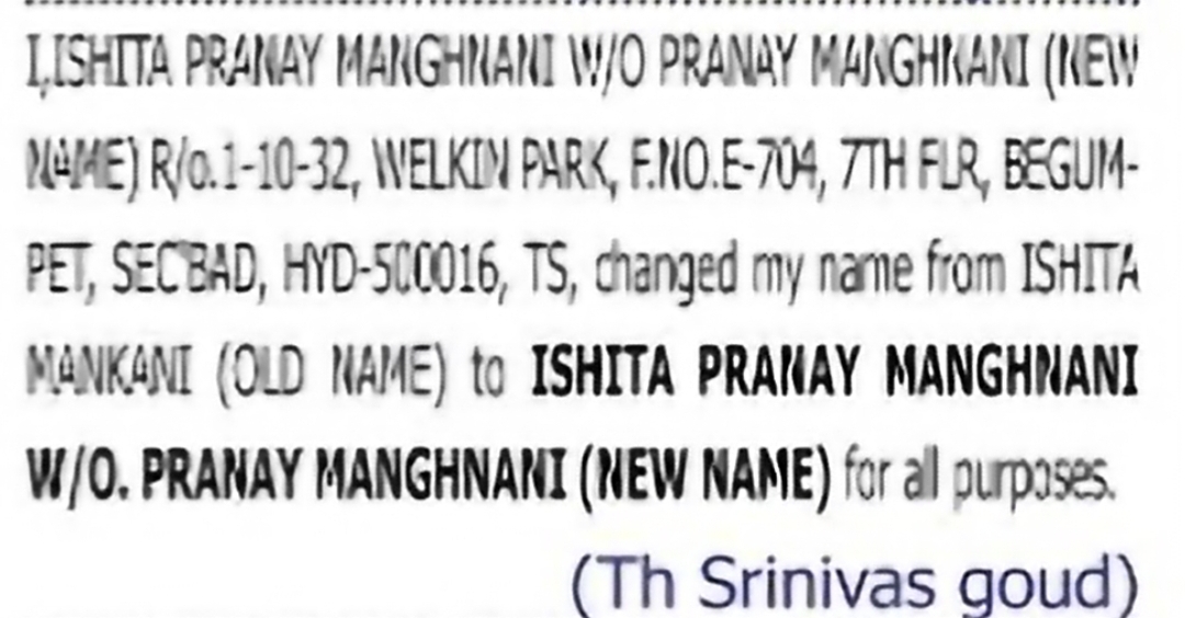 Change of Name – Ishita Pinki to Ishita Pranay Manghnani