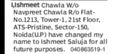 CHANGE OF NAME ISHMEET CHAWLA TO ISHMEET SALUJA