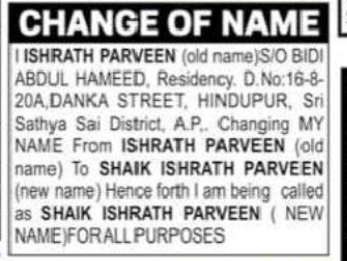 Change of Name: Ishrath Parveen to Shaik Ishrath Parveen