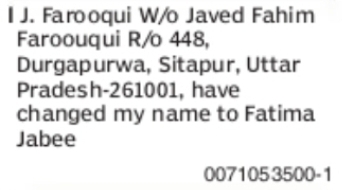 Change of Name: J. Farooqui to Fatima Jabee