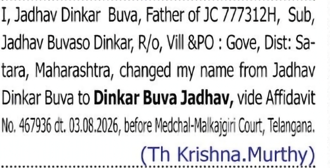 CHANGE OF NAME — JADHAV DINKAR BUVA TO DINKAR BUVA JADHAV