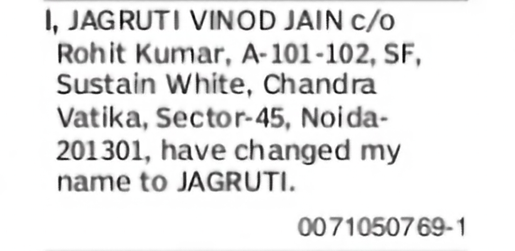 Change of Name – Jagruti Vinod Jain to Jagruti