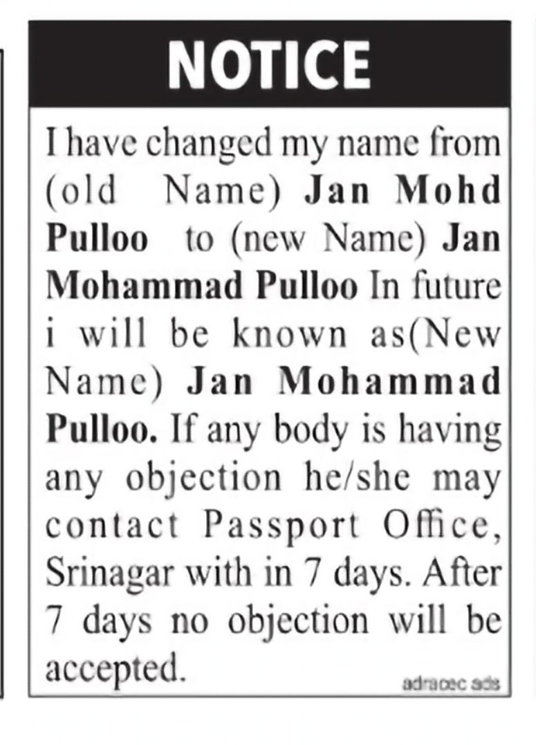 Change of Name – Jan Mohd Pulloo to Jan Mohammad Pulloo