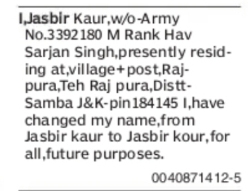 Change of Name: Jasbir Kaur to Jasbir Kour