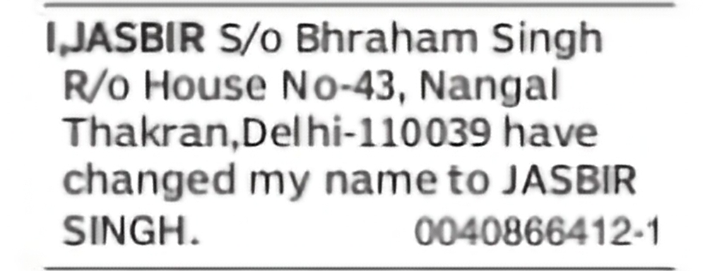 Change of Name: Jasbir to Jasbir Singh