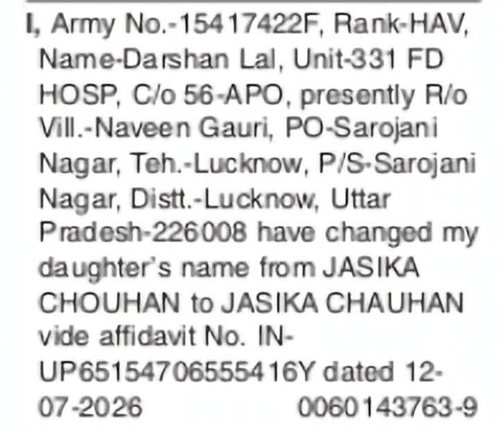 Change of Name: JASIKA CHOUHAN to JASIKA CHAUHAN