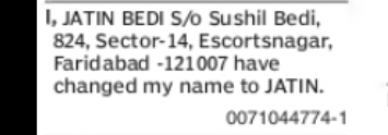 CHANGE OF NAME – JATIN BEDI TO JATIN