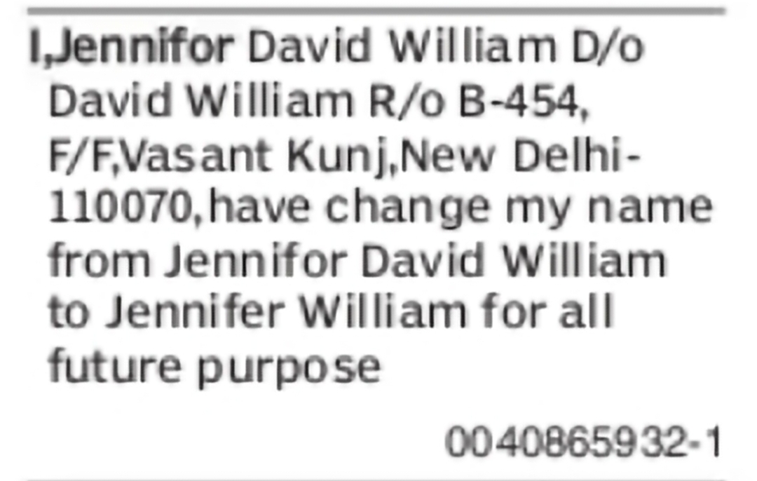 Change of Name Jennifor David William to Jennifer William