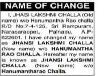 Change of Name – Jhasi Lakshmi Challa to Jhansi Lakshmi Challa