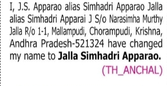 Change of Name – J.S. Apparao Alias Simhadri Apparao Jalla to Jalla Simhadri Apparao