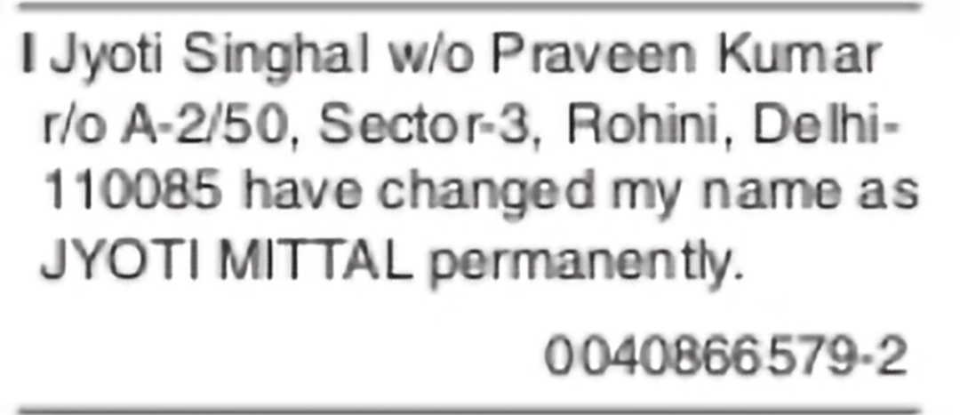 Change of Name – JYOTI SINGHAL to JYOTI MITTAL