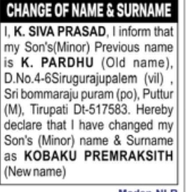Change of Name: K. Pardhu to Kobaku Premraksith