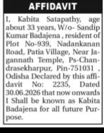 CHANGE OF NAME KABITA SATAPATHY TO KABITA BADAJENA