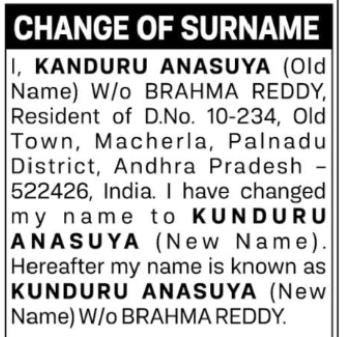 CHANGE OF NAME KANDURU ANASUYA TO KUNDURU ANASUYA