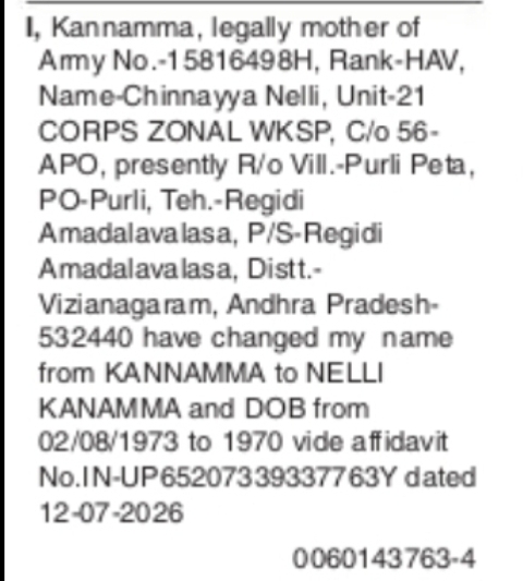 Change of Name: KANNAMMA to NELLI KANAMMA