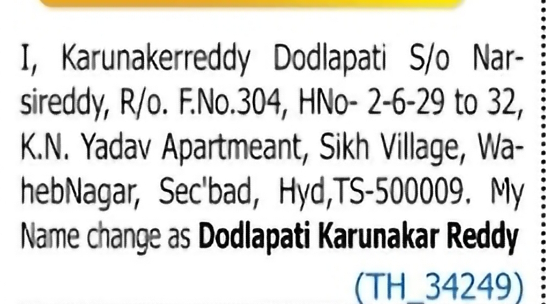 Change of Name – Karunakerreddy Dodlapati to Dodlapati Karunakar Reddy