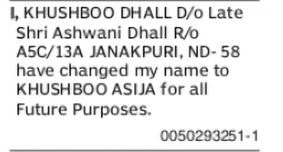 Change of Name: Khushboo Dhall to Khushboo Asija