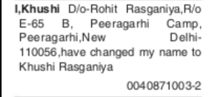 Change of Name: Khushi to Khushi Rasganlya