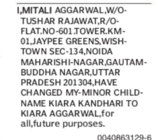 Change of Name: Kiara Kandhari to Kiara Aggarwal