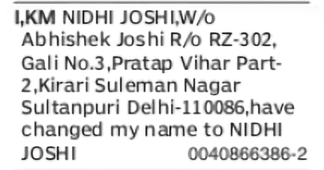 Change of Name: KM Nidhi Joshi to Nidhi Joshi