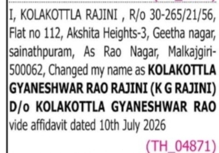 Change of Name – Kolakottla Rajini to Kolakottla Gyaneshwar Rao Rajini (K G Rajini)