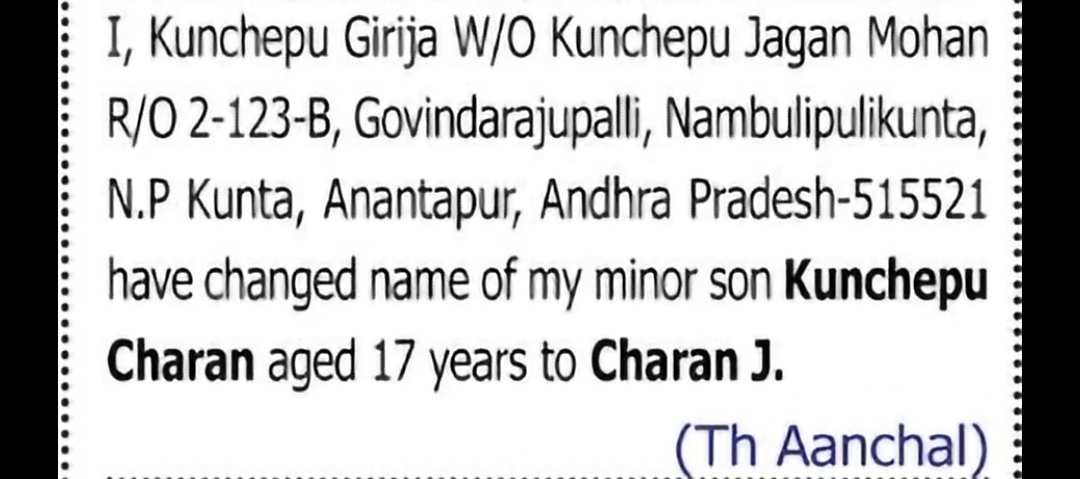 CHANGE OF NAME: KUNCHEPU CHARAN