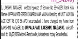 Change of Name: Lakshmi Nagarji to Uppalapati Lakshmi Nagasri