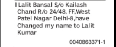 CHANGE OF NAME LALIT BANSAL TO LALIT KUMAR