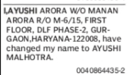 Change of Name: Ayushi Arora to Ayushi Malhotra
