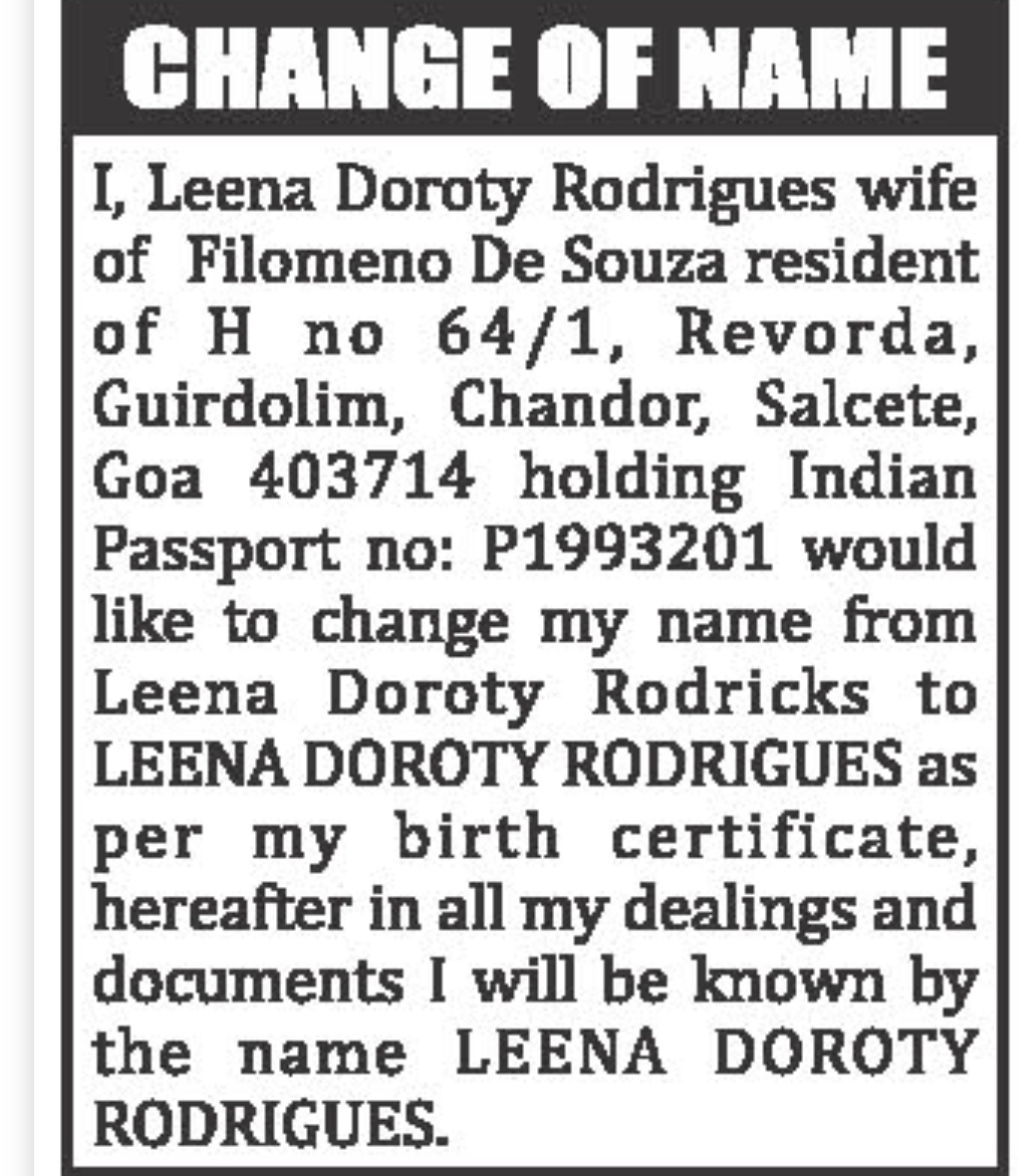 Change of Name – Leena Doroty Rodricks to Leena Doroty Rodrigues