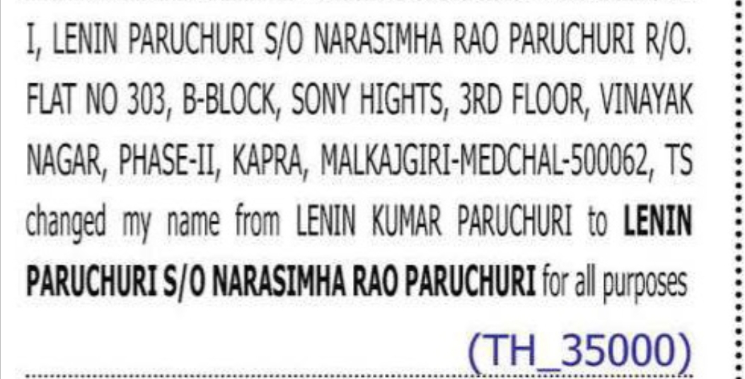 CHANGE OF NAME — LENIN KUMAR PARUCHURI TO LENIN PARUCHURI